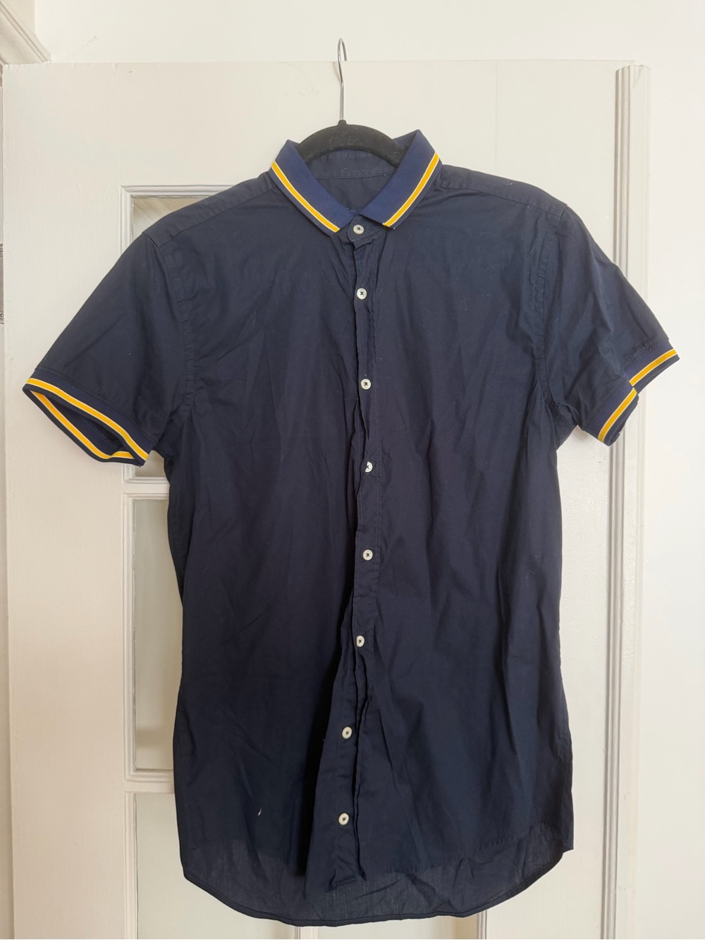 Zara Navy Short-Sleeve Button-Down Shirt with Yellow Trim